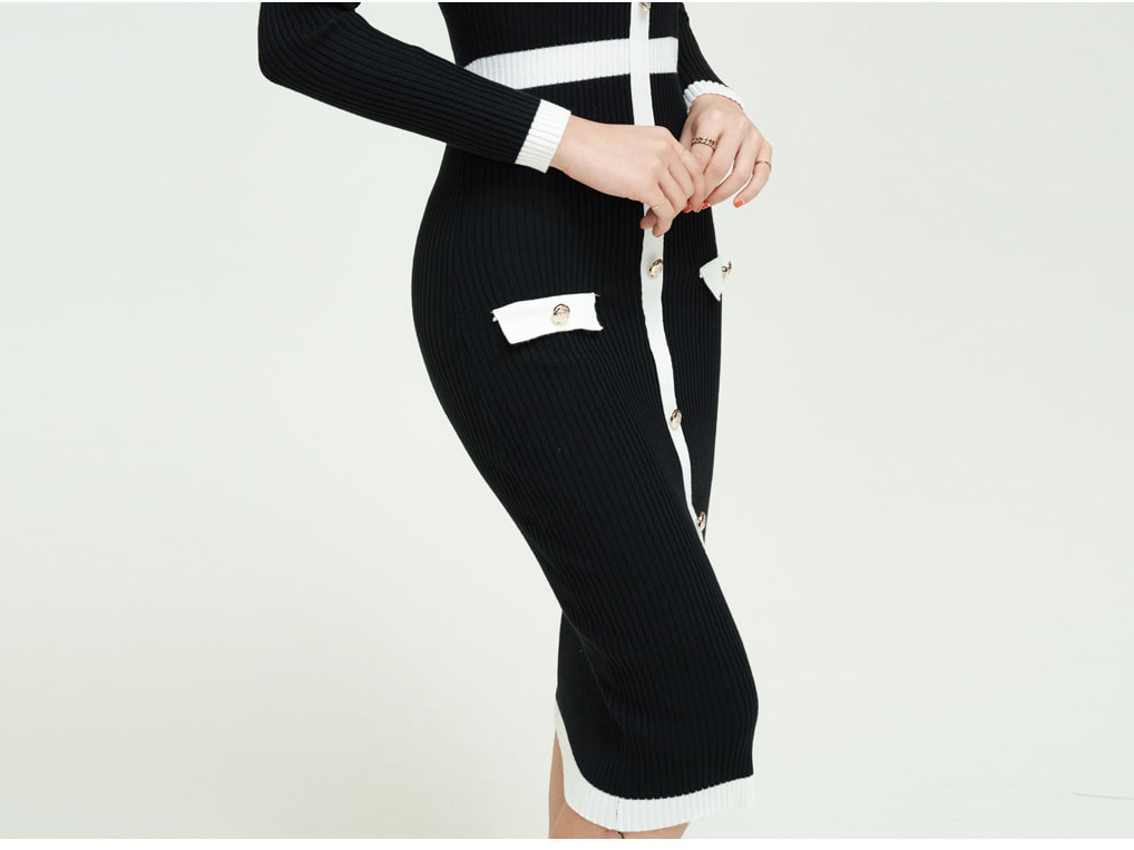 Winter Color Matching Office Elastic Knitted Dress Women Single-Breasted Long Sleeve Work Bodycon Vestidos 210520