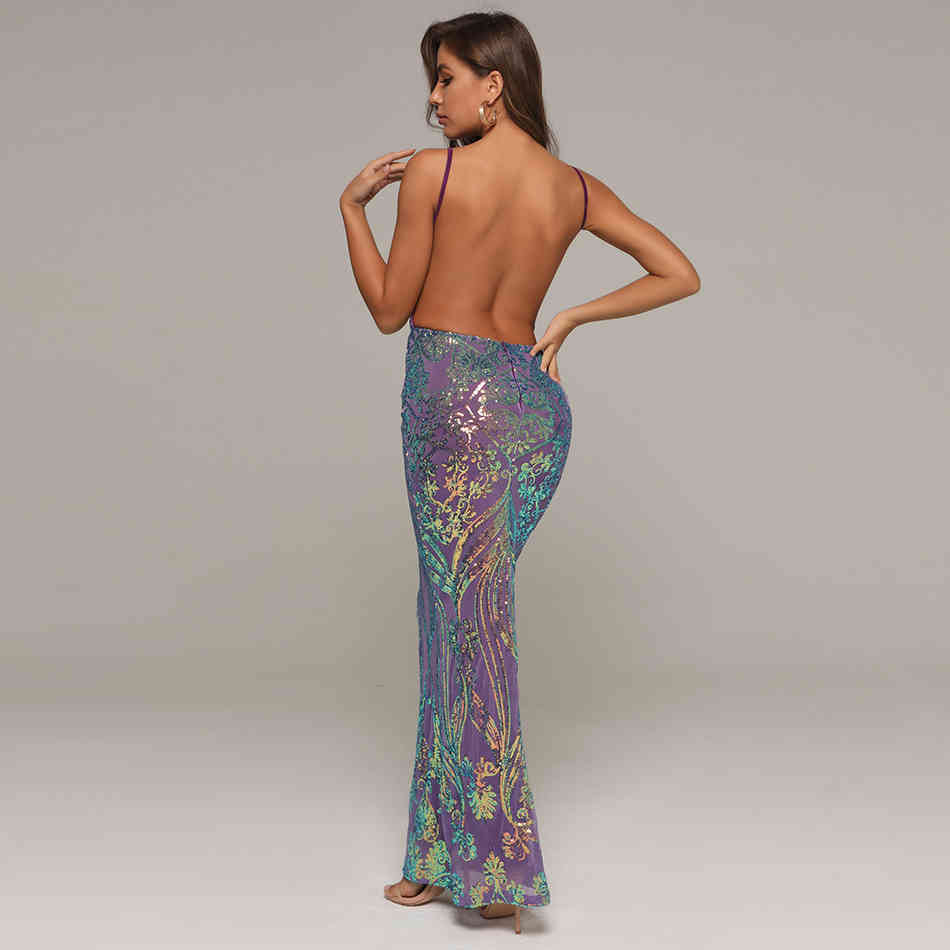 Summer Women Sequins V Neck Spaghetti Strap Sleeveless Dress Sexy Backless Club Evening Runway Party Maxi Dresses 210423