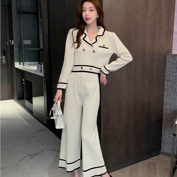 Elegant Women Spring 2 Piece Set Knit Lapel Long Sleeve Double breasted Sweaters Top + Ankle-Length Wide Leg Pant Suits 210519