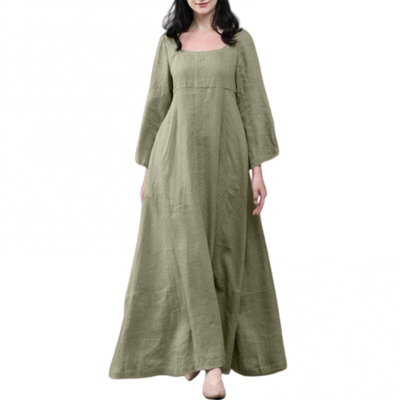 Casual Dresses 2021 Elegant Retro Women Long Sleeve O Neck Solid Color Large Hem Cotton Linen Plus Size Dress