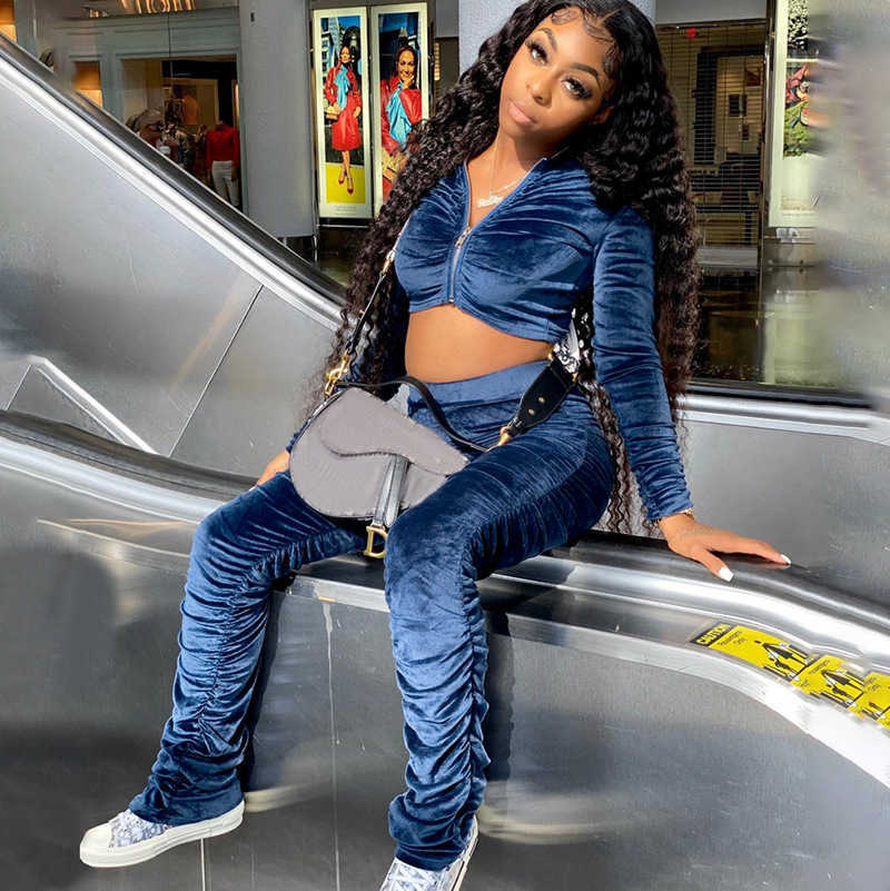 Colysmo Blue Velour Tracksuit Zipper up Hoodie Stacked Sweatpants Women Two Piece Pants Set Autumn Fashion Street Casual Suit 210527