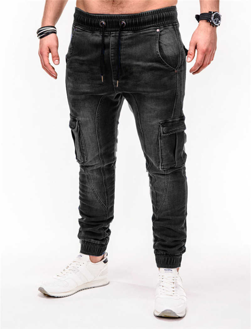 Blue Vintage Man Jeans Business Casual Classic Style Denim Male Cargo Pants More Pockets Frenum Ankle Banded Casual Pants S-3XL 211011