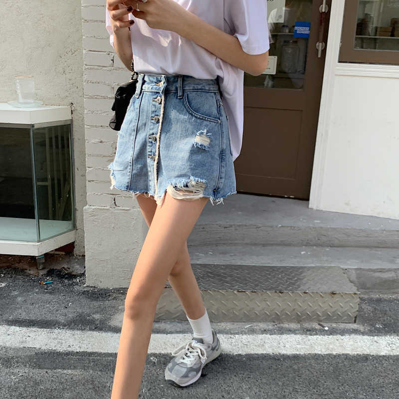 Vintage Ripped Hollow Out Jeans Shorts for Girls Women Summer Single-Breasted High Waist Denim Skirt Plus 210601