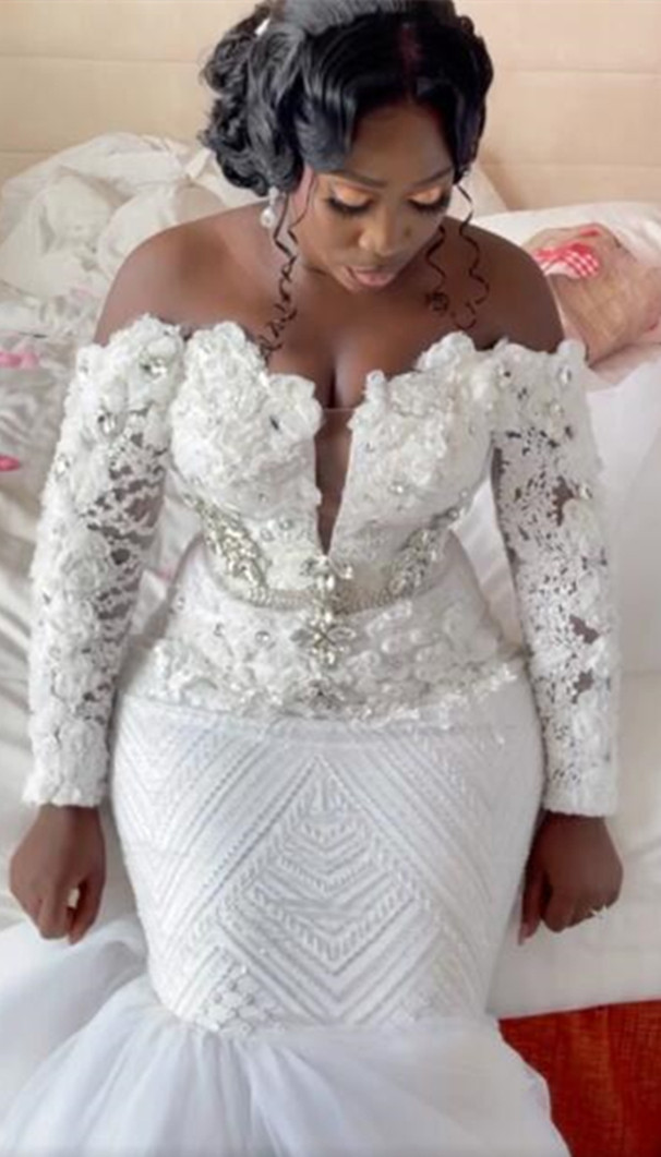 2021 Plus Size Arabic Aso Ebi Luxurious Mermaid Lace Wedding Gowns Crystals Long Sleeves Vintage Bridal Dresses ZJ264