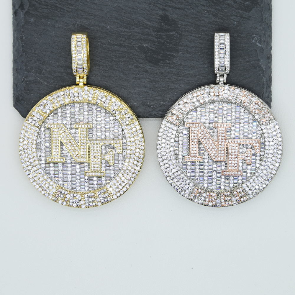 Iced out hip hop letter Nothing's Free NF pendant Necklacs with Full white Cubic zircon paved gold rose color punk styles Women Men punk jewelry 