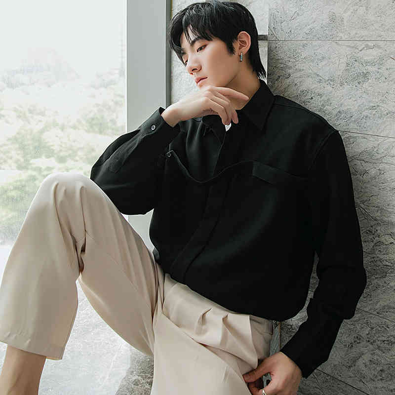 IEFB Men's Casual Long Sleeve White Shirt Single Breasted Lapel Ribbon Oversized Black Tops Long Sleeve Male Causal Cloth 9Y6712 210524