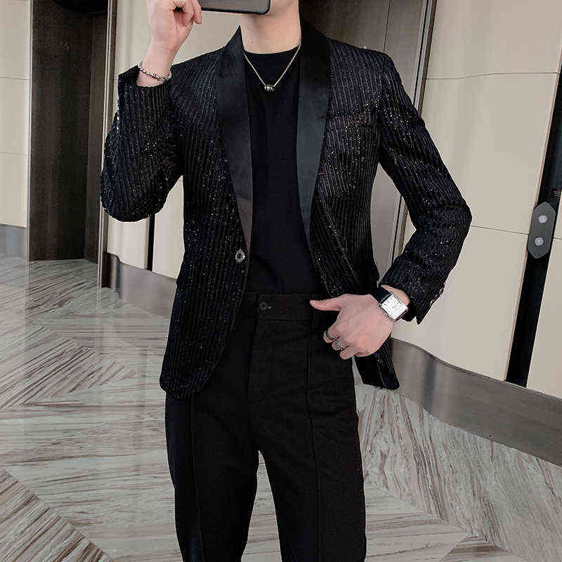 Spring Men Blazers Striped Casual Suit Jacket Sequins Stage Singer DJ Dress Coat Slim Fit Streetwear Social Costume Homme 211120
