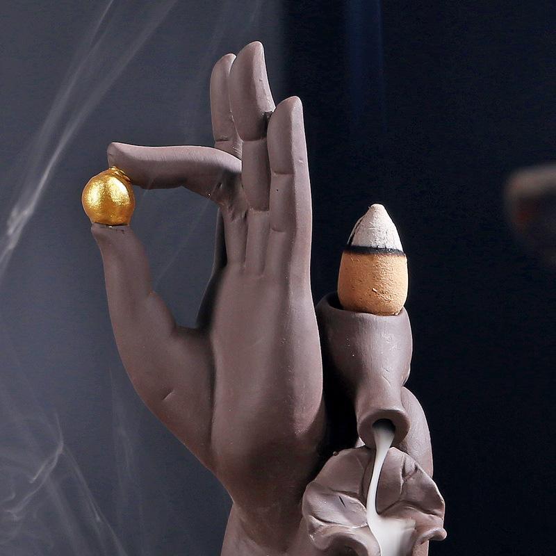 Fragrance Lamps Buddha Hand Incense Sticks Holder Lotus Backflow Burner Purple Sand Smoke Waterfall Ceramic Censer Decorative