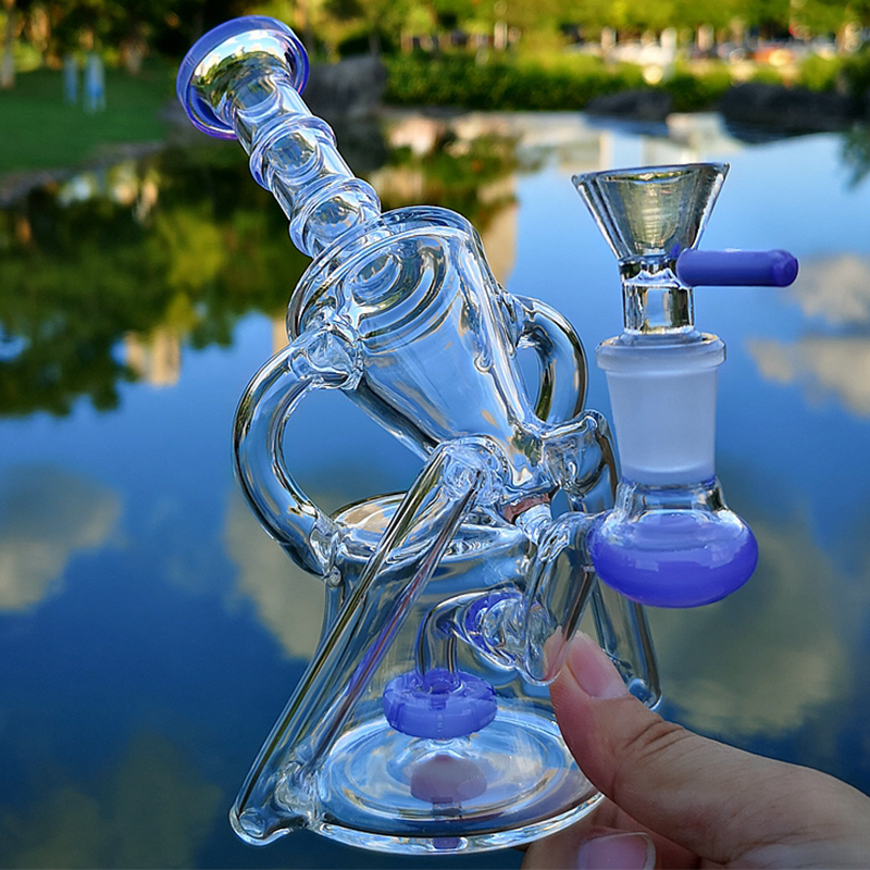 

Heady Glass Bongs Recycler Hookah Water Bong Unique Green Purple Sidecar Hookahs Smoking Pipes Showerhead Perc Percolator Oil Dab Rigs 14mm Female Joint With Bowl