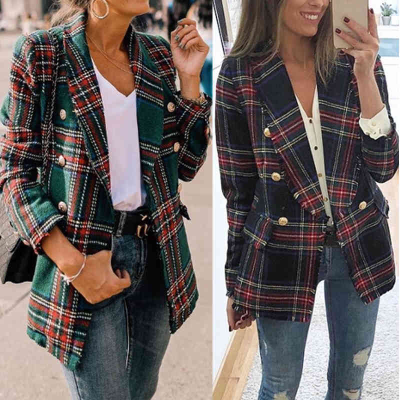 Causal light tan autumn women trench coat Split joint elegant long sleeve Plaid windbreaker plaid 210515