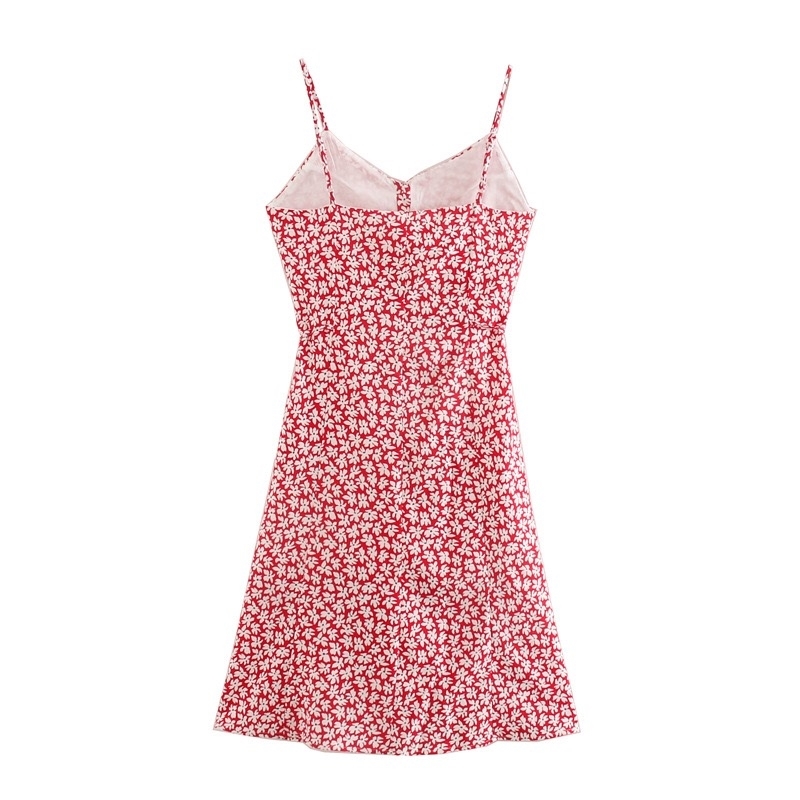 French Women Sling Dress Single-breasted Buttons Red White Floral Print Spaghetti Strap Hem Slit Mid-Calf Dresses Party 210429