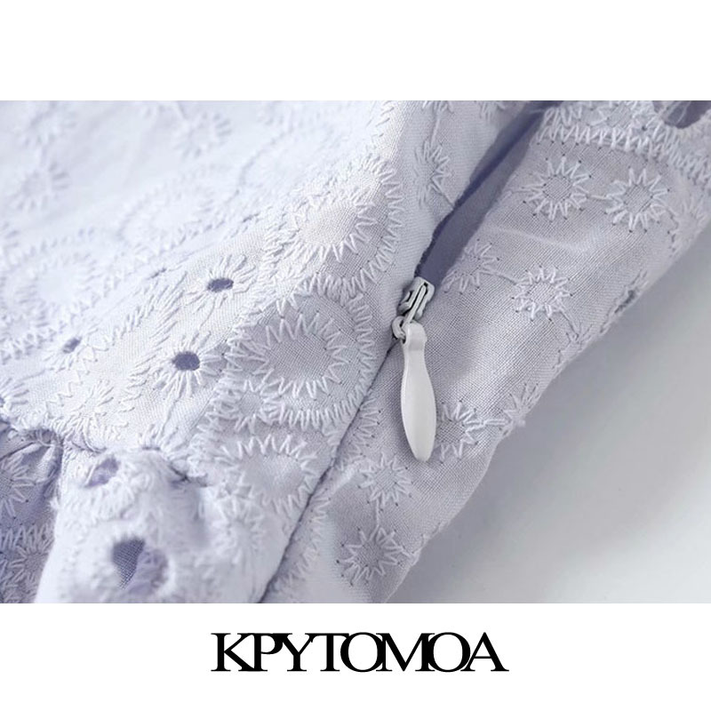 Women Chic Fashion Hollow Out Embroidery Ruffled Midi Dress Lantern Sleeve Side Zipper Female Dresses 210420