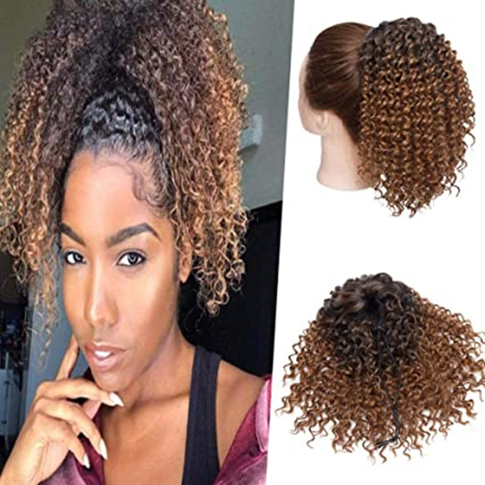 Ombre brown blonde kinky curly puff bun drawstring ponytail extension hairpiece,100 human hair ponytail with drawstring clip in 120g 1pcs fashion styl
