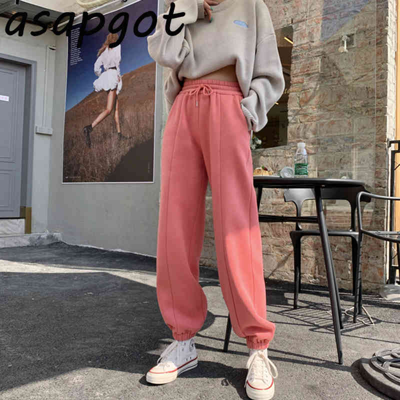 Autumn Winter Thick Cotton Fleece Joggers Sweatpants Loose Wild High Waist Solid Plus Size White Harem Pants Women Casual Chic 210429