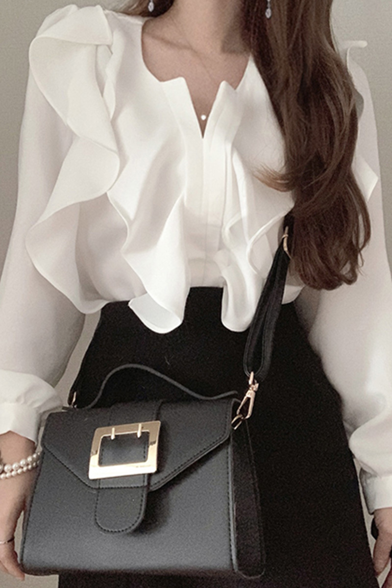 Spring Ruffle Blouse Shirt Causal V-neck Puff Long Sleeve Women Tops Korean Chic Fashion Blusas Feminimos 210519