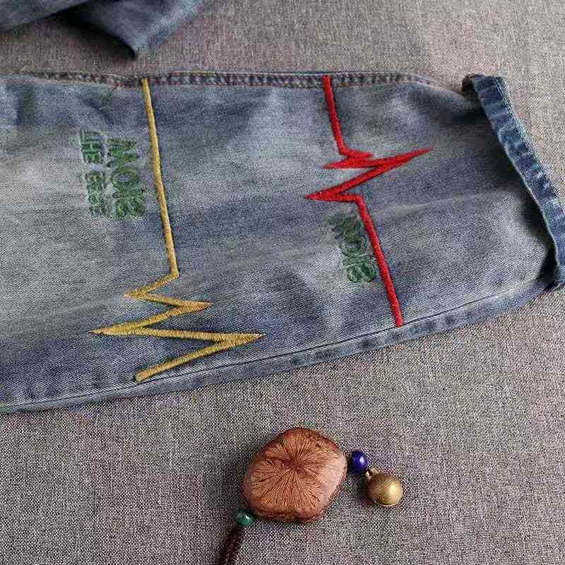 Arrival Spring Summer Women Loose Casual Elastic Waist Harem Pants All-matched Cotton Denim Embroidery Jeans W248 210512