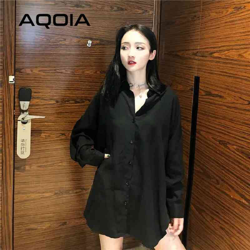 AQOIA Streetwear Long Sleeve Chiffon Plus Size Black White Women Shirt Button Up Loose Ladies Blouses Female Shirts 210521