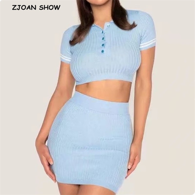 Lapel Knitted Short Sleeve T-shirt Casual Women Package hips Mini Skirt Crop Top Pullover Tee Tops 2 Pieces Set 210429