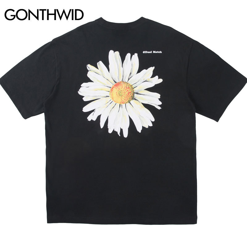 GONTHWID Harajuku Daisy Flower Print Tshirts Casual Streetwear Short Sleeve Tops Tees Men Hip Hop Fashion Summer T Shirts Male 210329