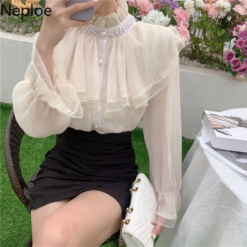 Neploe Fashion Lace Women Shirts Spring Clothes Blouses Half Urtleneck Ruffles Lantern Sleeve Blouse Elegant Beading Blusas Tops 210422