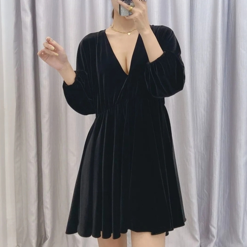 Women Deep V-neck Velvet Mini Dress Femme Nine Quarter sleeve Dresses Casual Lady Loose Clothes Vestido D6575 210430Z