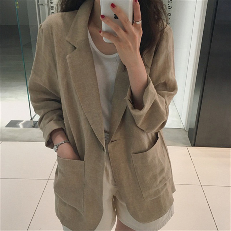 Chic Light-Brown Thin High Quality Office Lady Women Linen Fashion All-Match Retro Loose Streetwear Vintage Blazers 210421