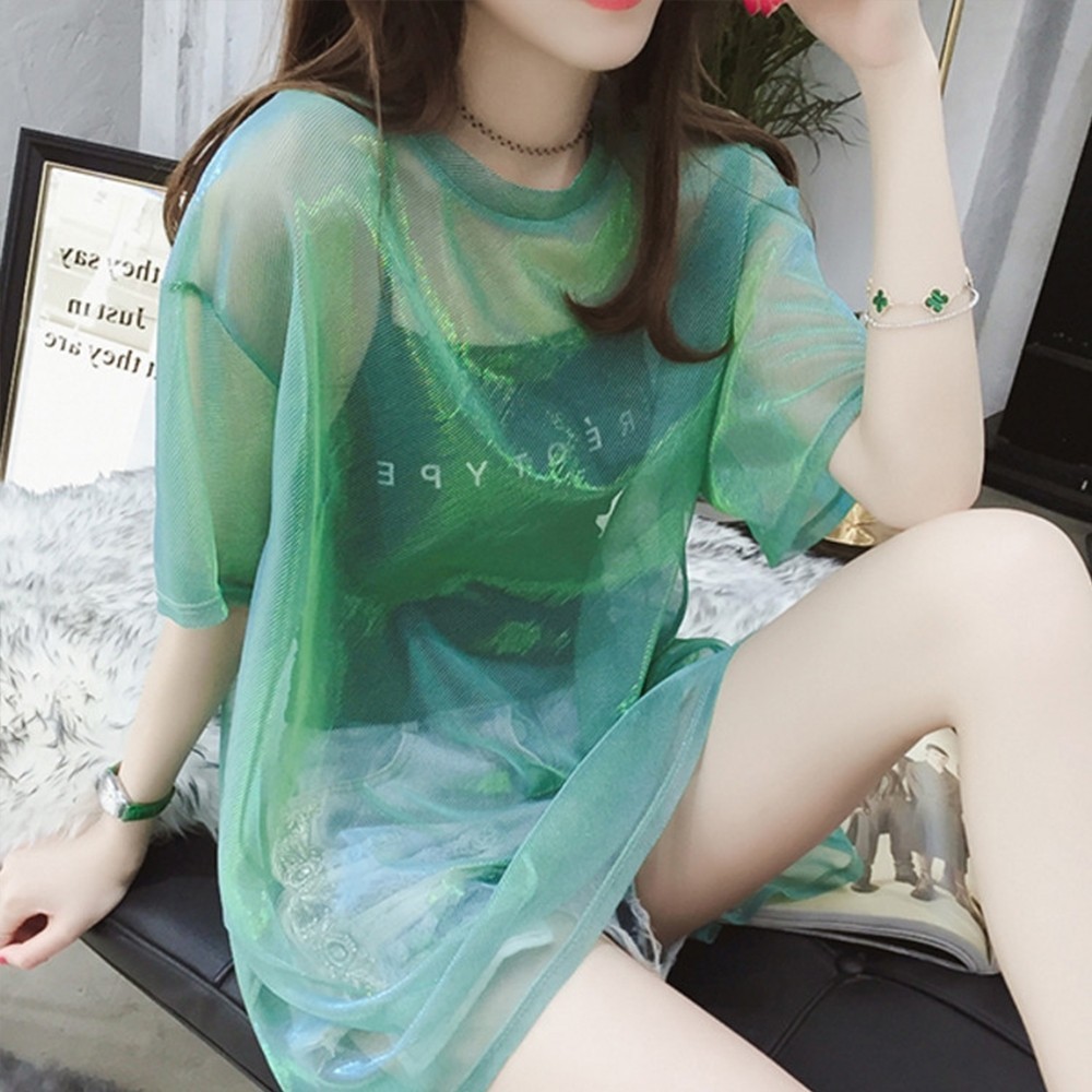 Hollow Out T Shirt Women Sexy Transparent Summer Tops Ladies Short Sleeve Loose Two set T-s Tee 210428