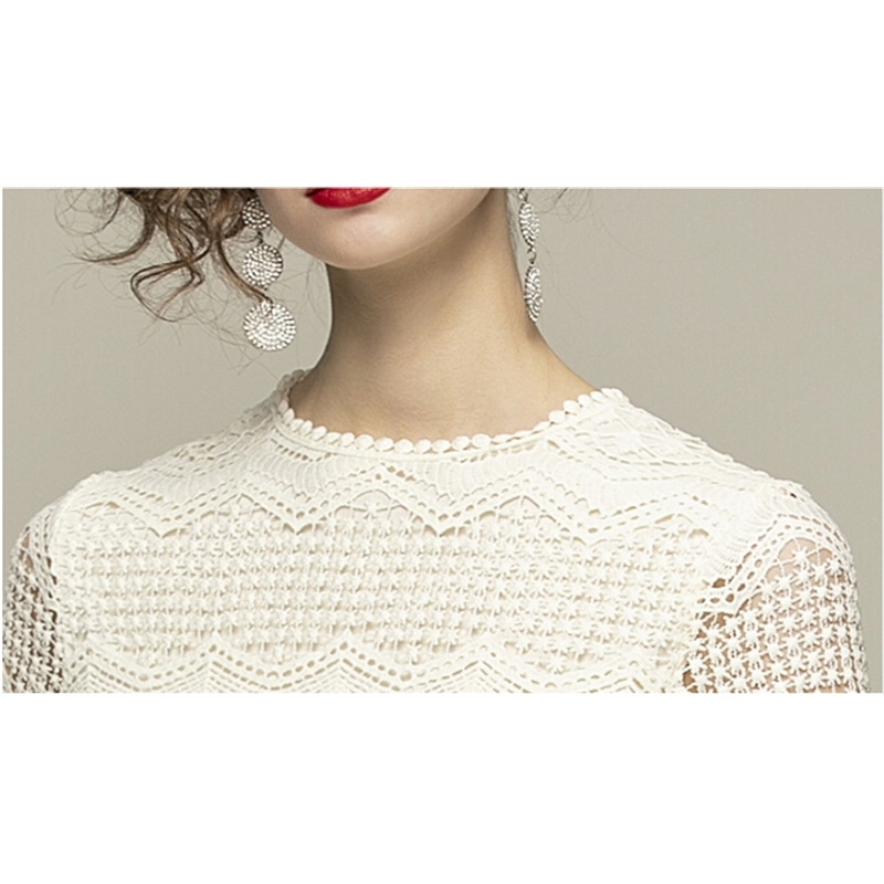 Spring Women Flare Sleeves Lace Hollow Out Dresses Female Elegant Slim Tie Up Vestido Da Festa 210520