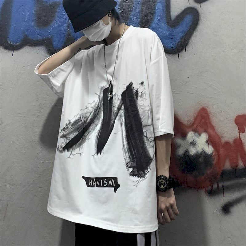 Dark wind super high street splash ink printing, old decadent sense of loose large size short-sleeved t-shirt for men women 210526