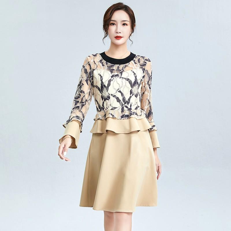 Women Print Dress Autumn O-neck Long Sleeve Fashion Lace Patchwork Plus Size Office Elegant Ladies Dresses Casual Midi