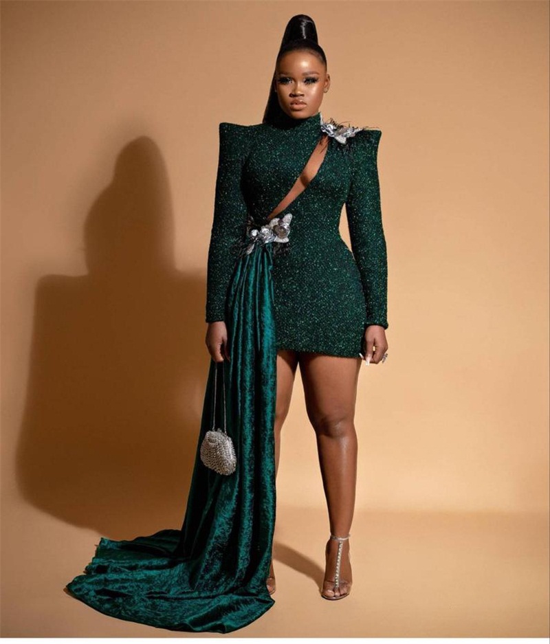 Dark Green Glitter Evening Dresses With Detachable Velvet Train High Neck Long Sleeves Formal Prom Dress Mermaid Dubai Custom Made Sexy Illusion Short