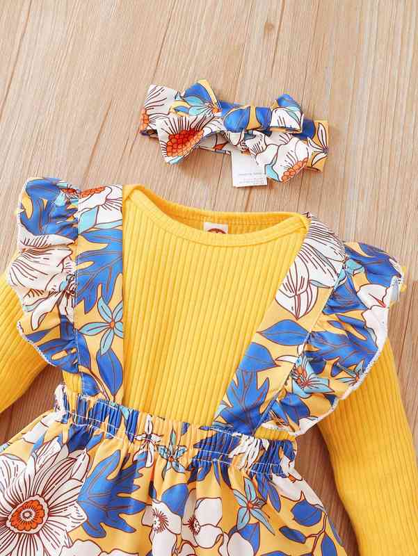Baby Ruffle Trim Bodysuit & Suspender Skirt & Headband SHE