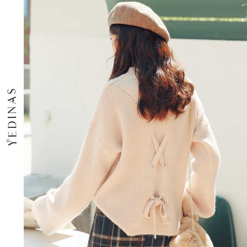 Yedinas Sweet Pullover Sweater Knitted Women Winter Solid Loose Lace Up Ladies Jumoers Long Sleeve O Neck Top Korean Style 210527