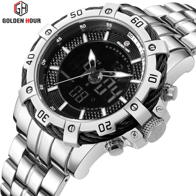 GOLDENHOUR Top Brand Fashion Casual Men Quartz Watch Mens Stainless Steel Waterproof Business Wristwatch Dual Display Male Clock 210517, Black
GOLDENHOUR Top Brand Fashion Casual Men Quartz Watch Mens Stainless Steel Waterproof Business Wristwatch Dual Display Male Clock 210517, Black