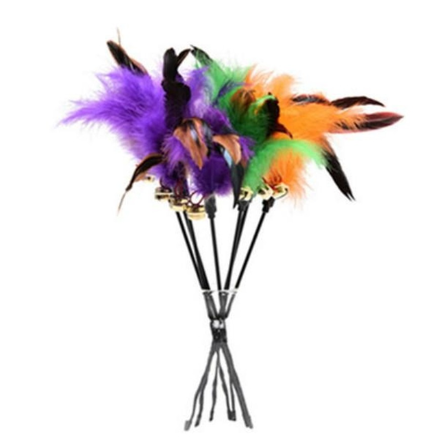 24 Hours Shipping Chirstmas Cat Toys Kitten Pet Teaser 38cm Turkey Feather Interactive Stick Toy With Bell Wire Chaser Wand C0610G02