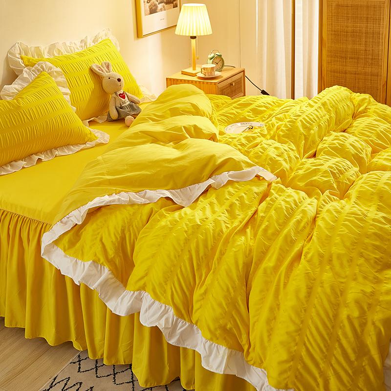 Princess Bedding Set Seersucker Solid Ruffles Duvet Cover Cotton&Polyester Flat Sheet /Bed Skirt Wedding Bedclothes Home Textile Sets