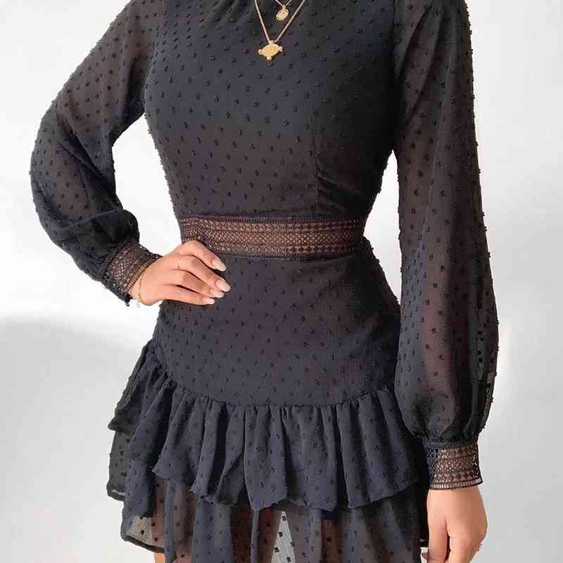 Fashion Women Sexy Black Mesh Swiss Dot Mini Dress Clubwear party Dress Lace Puff Sleeve Sheer Mesh Ruched Dress 210716