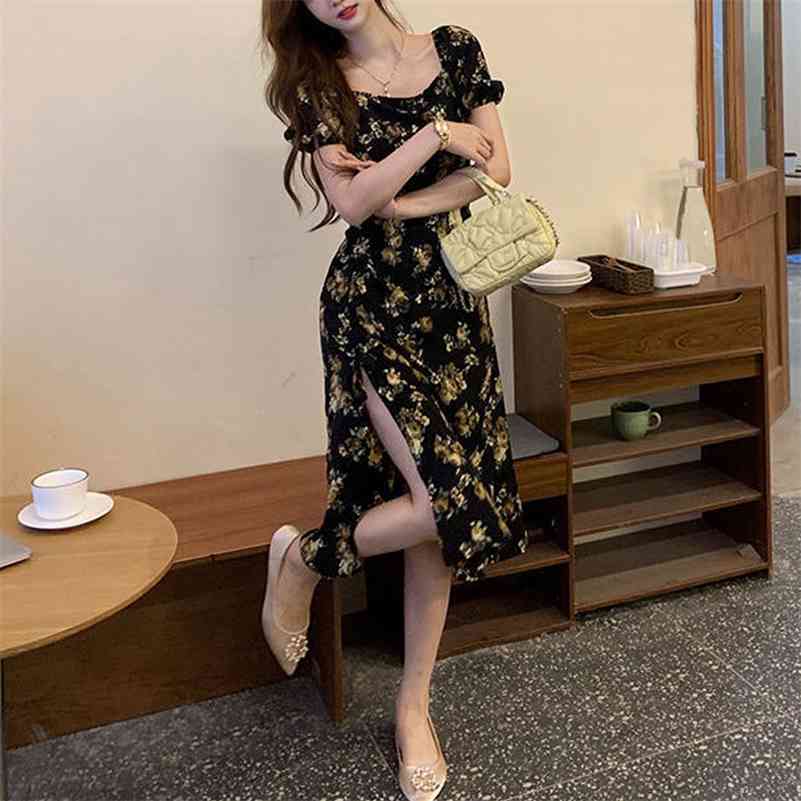 Elegant Floral Dress Women Short Sleeve Midi Vintage Dress Square Collar French Retro Sexy Party Dress Summer Korean Style 210630