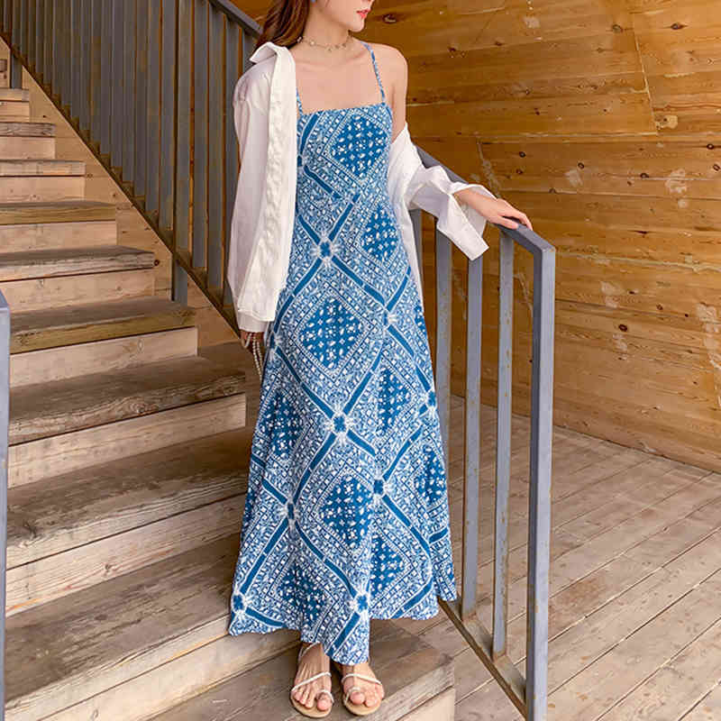 Summer Bohemian Dress Women Spaghetti Strap Sexy Beach Female Cross Bandage Holiday Print Ladies es Robe 13237 210508