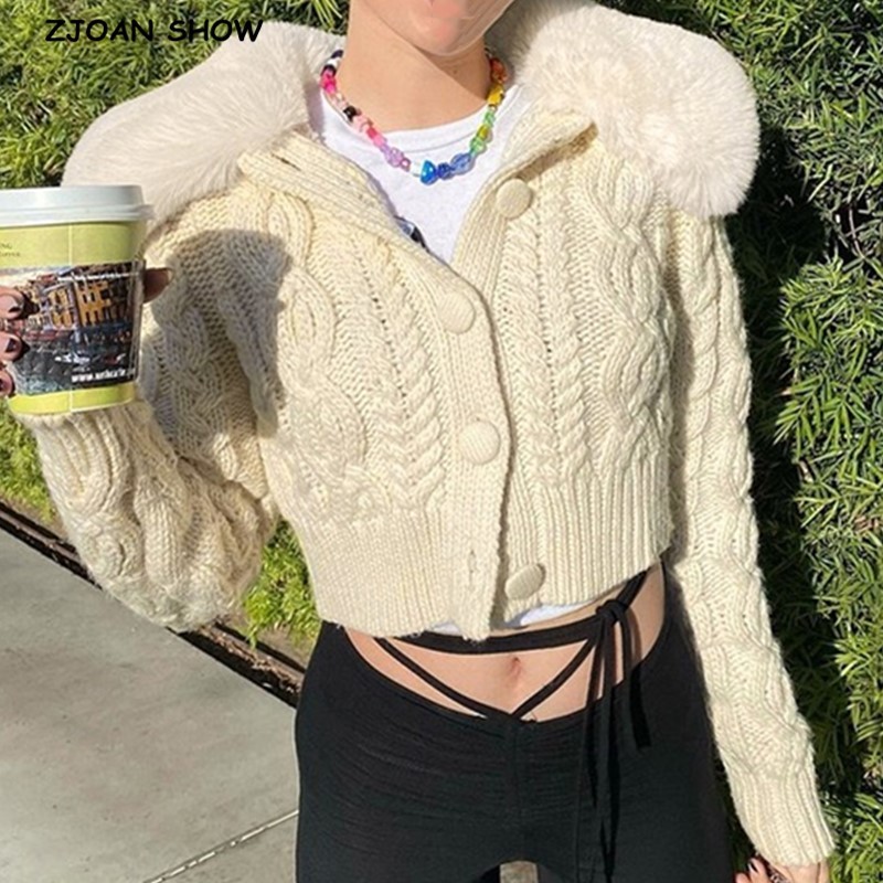 Vintage Spliced Shaggy Faux Fur Lapel Knitting Cardigan Women Button Long Sleeve Crop Sweater Twist Stripe Jumper Short Knitwear 210420, Beige
Vintage Spliced Shaggy Faux Fur Lapel Knitting Cardigan Women Button Long Sleeve Crop Sweater Twist Stripe Jumper Short Knitwear 210420, Beige