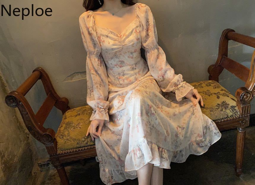 Neploe Floral Print Dress Women Sexy V Neck Puff Sleeve Ladies Vestidos Summer Elegant Slim Waist Female Dresses 1B110 210409