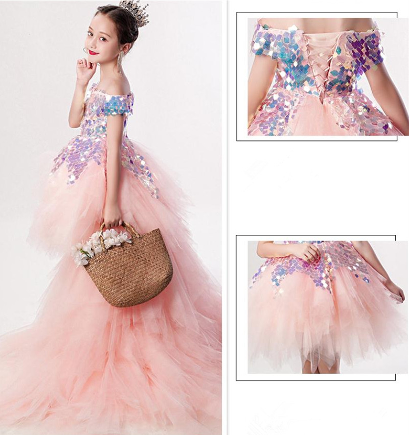 2021 Flower Girl Dress Children Wedding Bridemaid Mermaid Dresses Kids Pink Tutu Sequin Gowns Girl Boutique Party Wear Elegant Frocks