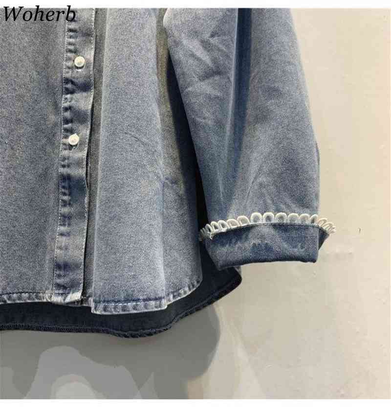 Denim Shirts for Women Spring Peter Pan Collar Long Sleeve Simple Blouse Korean Loose Elegant Oversize Jean Tops 210519