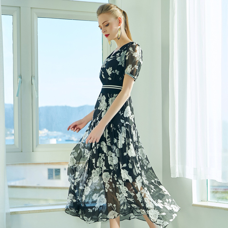 VKBN Summer Dress Women Silk Mid-Calf V-Neck Fashion Printing Elastic Waist Was Thin Dresses Long Women Fashion 210507