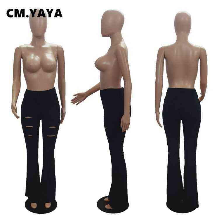 CM.YAYA Plus Size Hole Pants Women Full Length Skinny Elastic Waist Solid Flare Pant Spring Autumn High Fashion Lady Trousers 211124