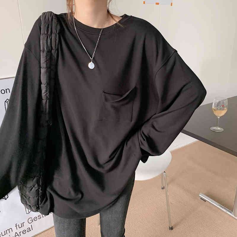 Thicken Warm Korean Loose All Match Tops Full Sleeves Women Streetwear Oversize Chic Minimalist Fashion T-shirt 210421
