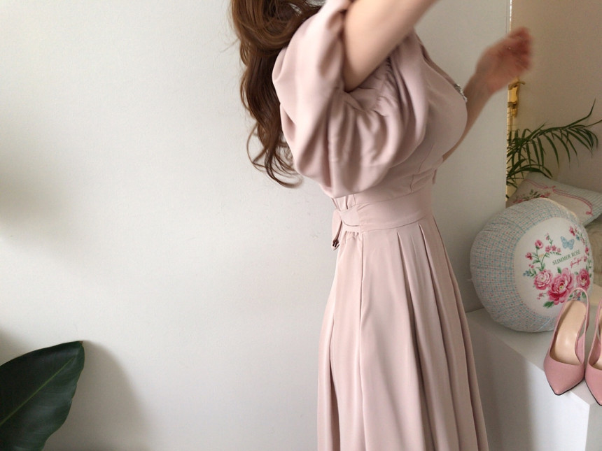 Korean Solid Casual Chic Elegant Women Dress Summer Vestido Round neck High waist Straps Lantern sleeves Pleated Long 210506