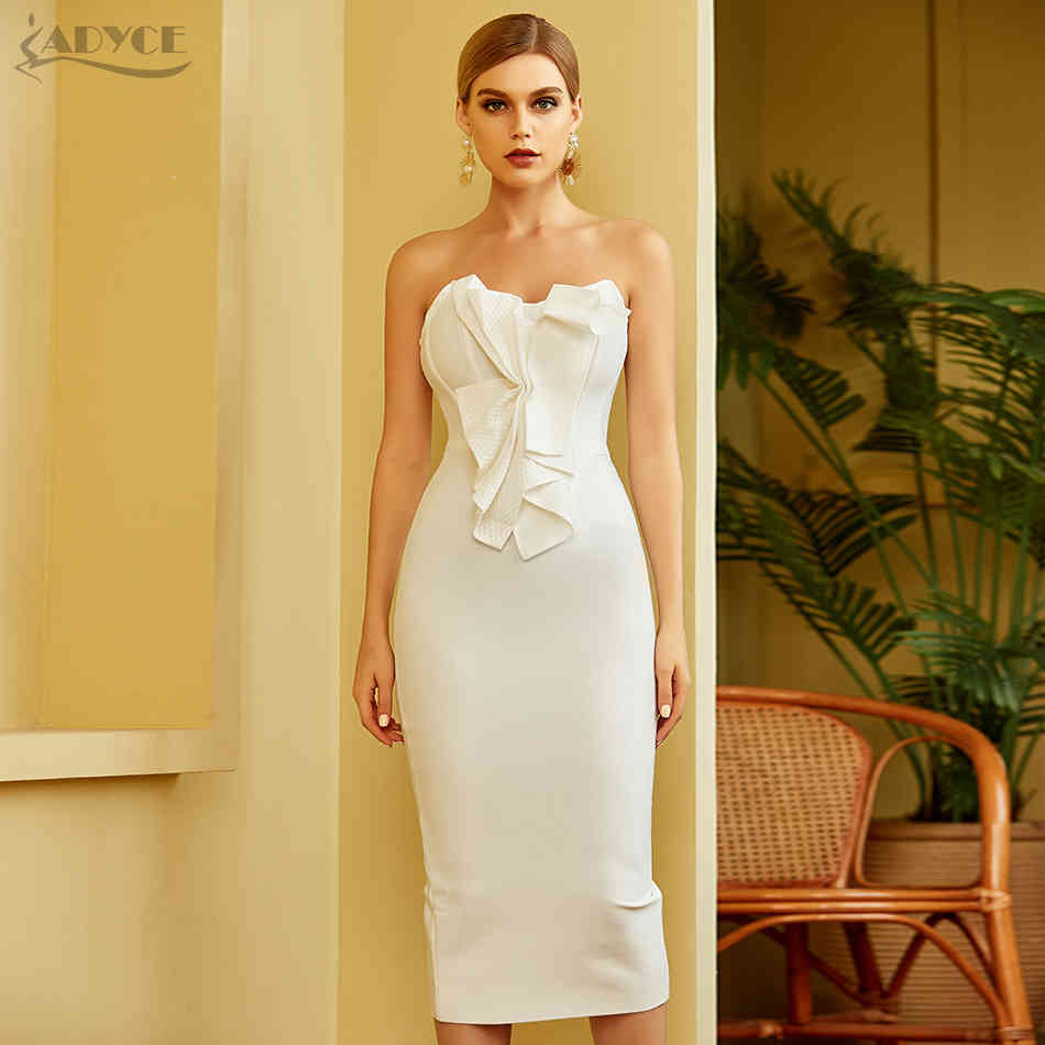 Summer Women White Sleeveless Bandage Dress Sexy Strapless Ruffles Pink Midi Club Celebrity Runway Party Dresses 210423