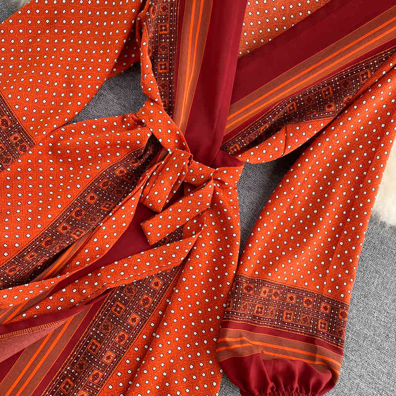 Spring Autumn Women Printed Long Dress Vintage Puff Long Sleeve High Waist A-Line Vestidos Female New Fashion Beach Robe 210409