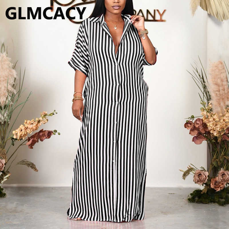 Short Sleeve Striped Button Down Maxi Dress Casual Loose Dress 210702